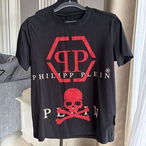 philipp plein Black t-shirt Red Rhinestones Skull Bones L